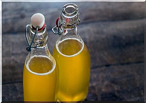 The fermentation process of Kombutsa in a glass bottle.